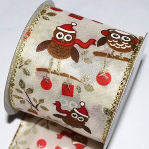 Bagoly mintás karácsonyi dekor szalag [64mm x 10m] krém/barna/piros