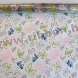 Díszcsomagoló lepke mintázatú fólia tekercs [50cm x 10m] ezüst/zöld/rózsaszín