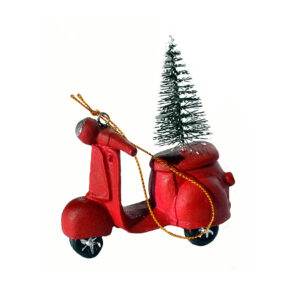 Karácsonyfadí­sz, fenyőfa szállí­tó motor 10cm x 9cm piros