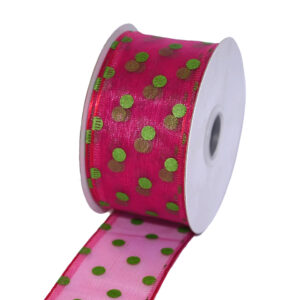 Drótos szélű organza szalag pöttyös [38mm x 10m] ciklámen /zöld