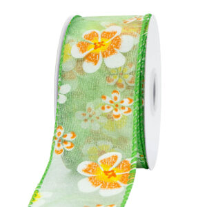 Virág mintás organza szalag [38mm x 10m] zöld