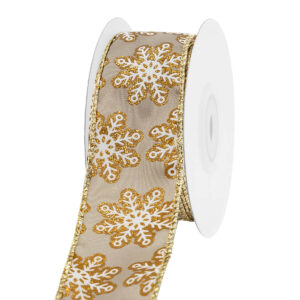 Glitteres hópehely mintás karácsonyi dekor szalag [38mm x 10m] bézs/arany