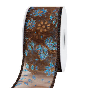 Glitteres virág mintás organza szalag [38mm x 10m] barna/kék