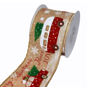Fenyőfa szállító autóval, busszal díszített karácsonyi szalag [64mm x 10m] arany/piros/fehér/zöld