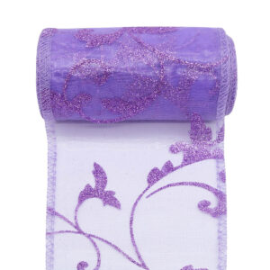 Glitter barokk inda mintás organza anyag [11cm x 10m] világoslila