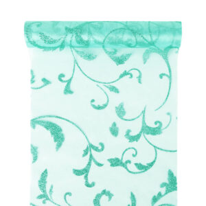 Glitter barokk inda mintás organza anyag [23,5cm x 5m] mentazöld